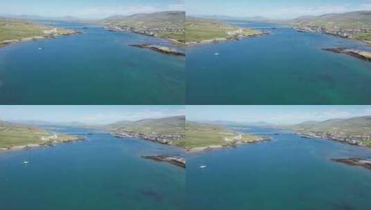 爱尔兰克里县波特马吉村通往瓦伦蒂亚岛的公路桥无人机鸟瞰图高清在线视频素材下载