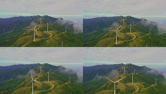 航拍高山云雾风车风能风力发电高清在线视频素材下载