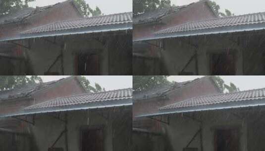 平房瓦片屋檐台风暴风雨倾盆大雨高清在线视频素材下载