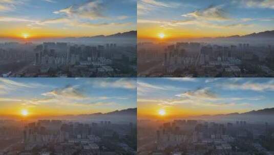 冬日朝阳照耀下的九江城景航拍延时高清在线视频素材下载