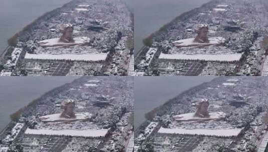 长沙橘子洲毛泽东青年雕塑罕见雪景航拍高清在线视频素材下载
