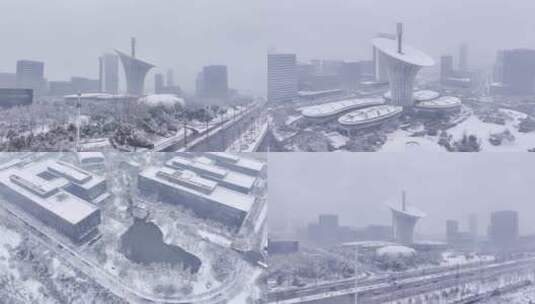 航拍武汉光谷中心城雪景光谷生物城建筑高清在线视频素材下载