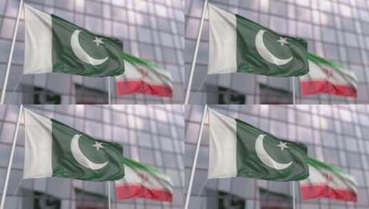 在摩天大楼前挥舞巴基斯坦和伊朗的旗帜高清在线视频素材下载