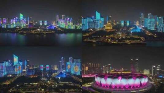 杭州城市地标风景夜晚夜景航拍风光美景浙江高清在线视频素材下载