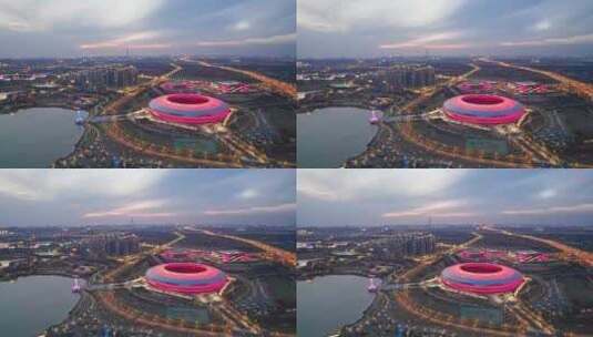成都大运会世运会主场馆东安湖公园夜景航拍高清在线视频素材下载