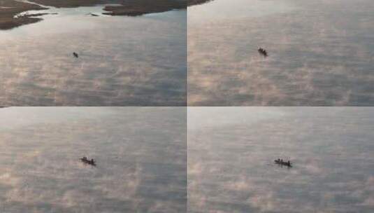 4k航拍绝美湖面渔船夕阳日落高清在线视频素材下载