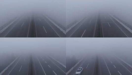航拍浓雾天气高速公路高清在线视频素材下载
