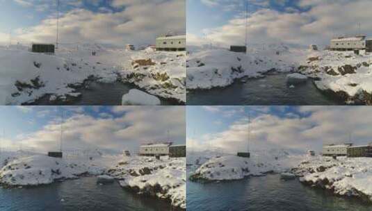 南极极地站附近的低空无人驾驶飞机飞行特写高清在线视频素材下载