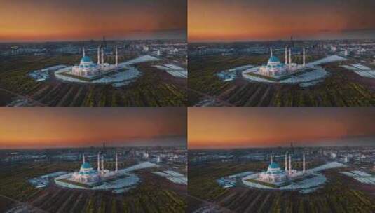 美丽日落期间哈萨克斯坦阿斯塔纳大清真寺的高清在线视频素材下载