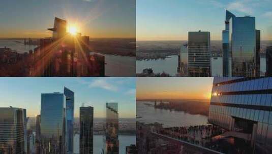 城市航拍曼哈顿哈德逊广场阳光照射摩天大楼高清在线视频素材下载
