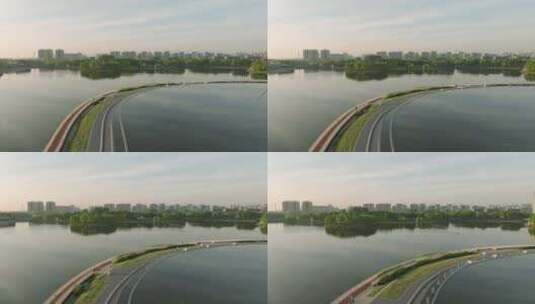 上海嘉定新城远香湖步道航拍高清在线视频素材下载