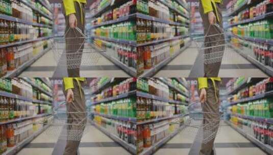 超市过道的金属篮子杂货店购物高清在线视频素材下载