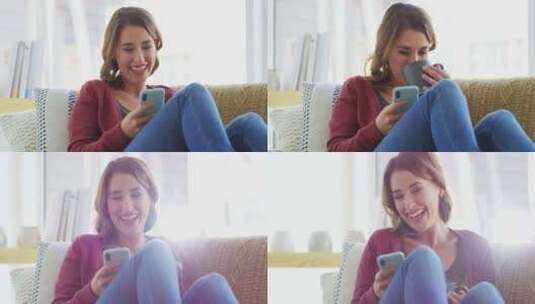 沙发上的快乐女人，拿着电话、咖啡，嘲笑社高清在线视频素材下载