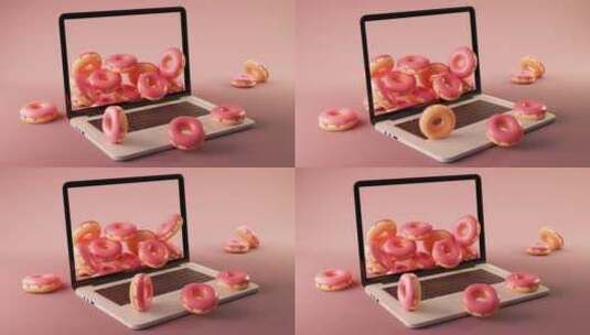 粉红色表面放置甜甜圈的笔记本电脑3d动画高清在线视频素材下载