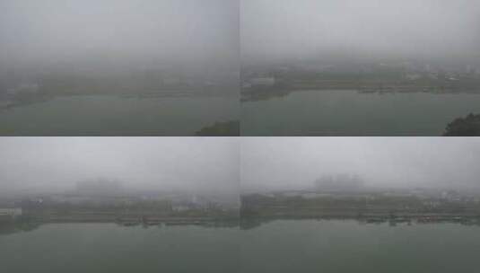 春季烟雨下的河流河岸航拍高清在线视频素材下载