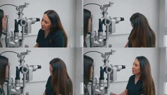 在眼科诊所，年轻医生用放大镜诊断一个年轻高清在线视频素材下载