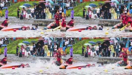 义乌龙舟赛外国人翻船落水高清在线视频素材下载