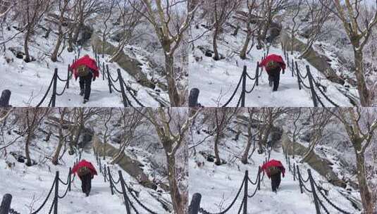 雪中游客攀登通天梯台阶高清在线视频素材下载