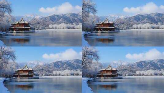 冬天唯美雪景中的湖景高清在线视频素材下载