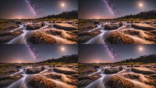 月夜下溪流与星空景观高清在线视频素材下载