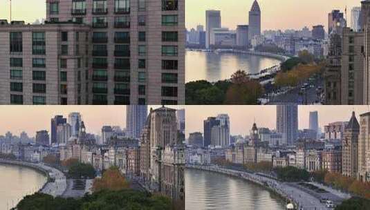 航拍上海外滩万国建筑城市天际线景观高清在线视频素材下载