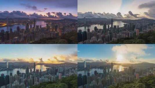 香港太平山顶日出延时拍摄中环建筑和维港高清在线视频素材下载