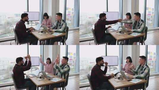 快乐的建筑师团队在办公室会议中庆祝成功高清在线视频素材下载