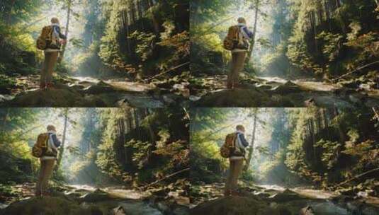 背着背包的女人站在树林里欣赏风景高清在线视频素材下载