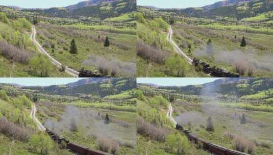 一辆蒸汽火车穿过山脉高清在线视频素材下载
