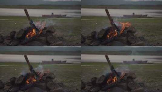 【三花摄影】露营 火堆 小船高清在线视频素材下载
