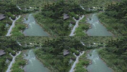 山涧河流村屋4K航拍高清在线视频素材下载