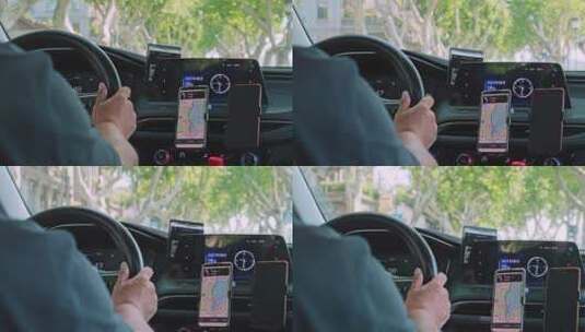 网约车司机按照手机上导航行驶在城市道路高清在线视频素材下载