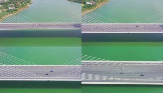 航拍、跨江大桥、斜拉桥、车辆、行驶高清在线视频素材下载