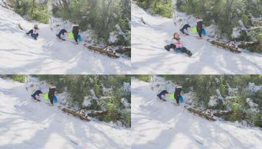 冬季峨眉山小朋友开心玩雪户外滑雪刺激快乐高清在线视频素材下载