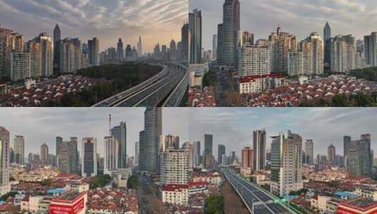 上海石库门代表性建筑与静安商业建筑日出高清在线视频素材下载