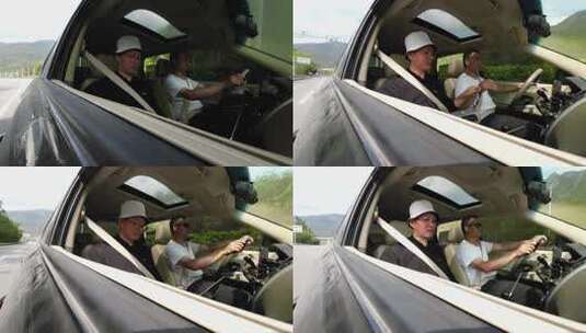 两男子驾驶汽车行驶在高速公路上高清在线视频素材下载