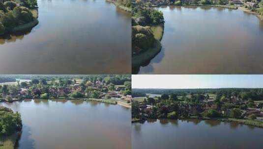 空中看河流小镇高清在线视频素材下载