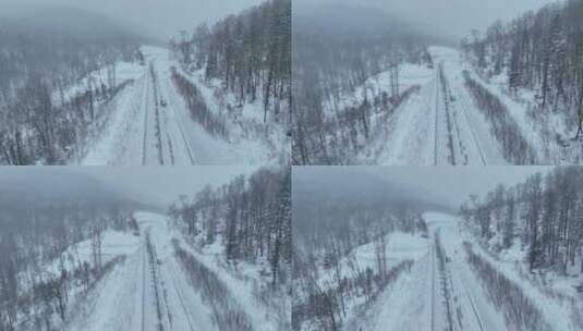 亚布力雪乡亚雪公路冬季风光航拍高清在线视频素材下载