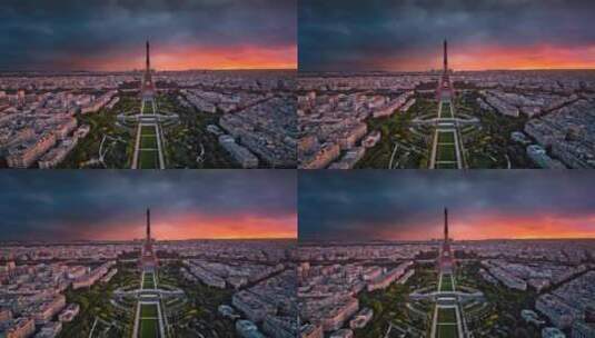 城市航拍法国巴黎埃菲尔铁塔日落晚霞天际线高清在线视频素材下载