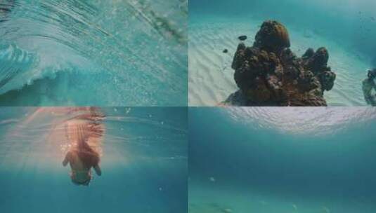 比基尼美女潜水海浪鱼群珊瑚礁阳光照射海底高清在线视频素材下载