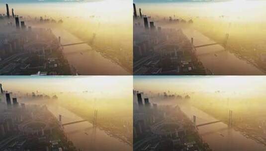 南浦大桥 陆家嘴 黄浦江 上海城市日出 晨雾高清在线视频素材下载