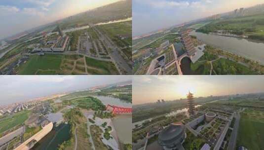 穿越机航拍中国大运河博物馆夕阳大运塔高清在线视频素材下载