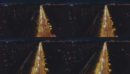 航拍上海轨道交通车流夜景高清在线视频素材下载