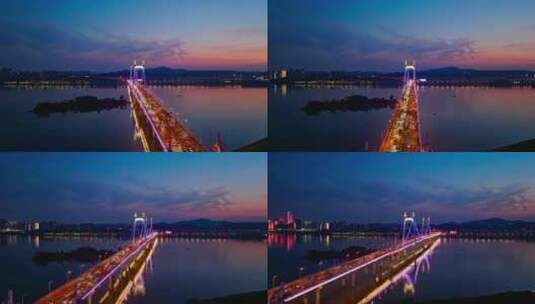 4K长沙三汊矶大桥晚霞夜景航拍高清在线视频素材下载