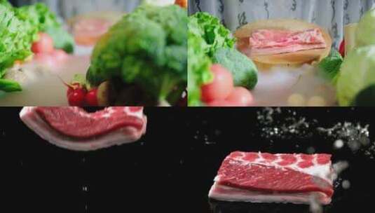 猪肉蔬菜微景观  猪肉空中碰撞 掉落高清在线视频素材下载