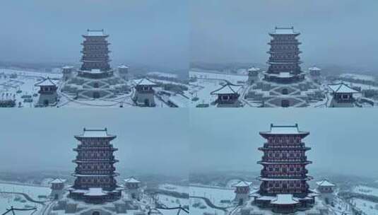 航拍牡丹博物馆雪景高清在线视频素材下载