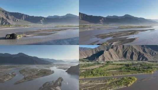 航拍西藏雅鲁藏布江日出丁达尔效应高清在线视频素材下载