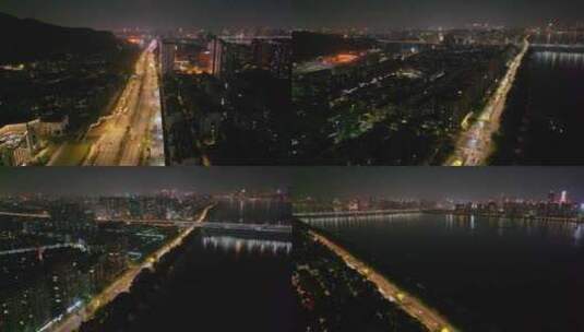 浙江杭州上城区夜晚夜景航拍车流交通城市风高清在线视频素材下载