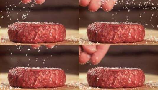 新鲜肉饼腌制加工特写慢动作镜头高清在线视频素材下载
