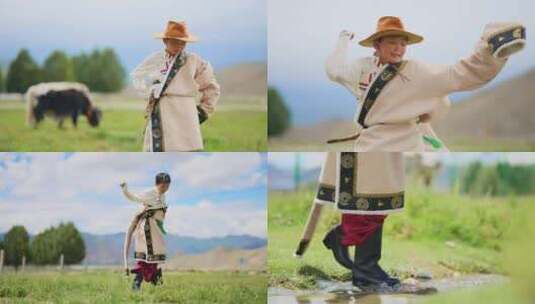西藏藏族小孩子在草原上跳舞-玩耍高清在线视频素材下载